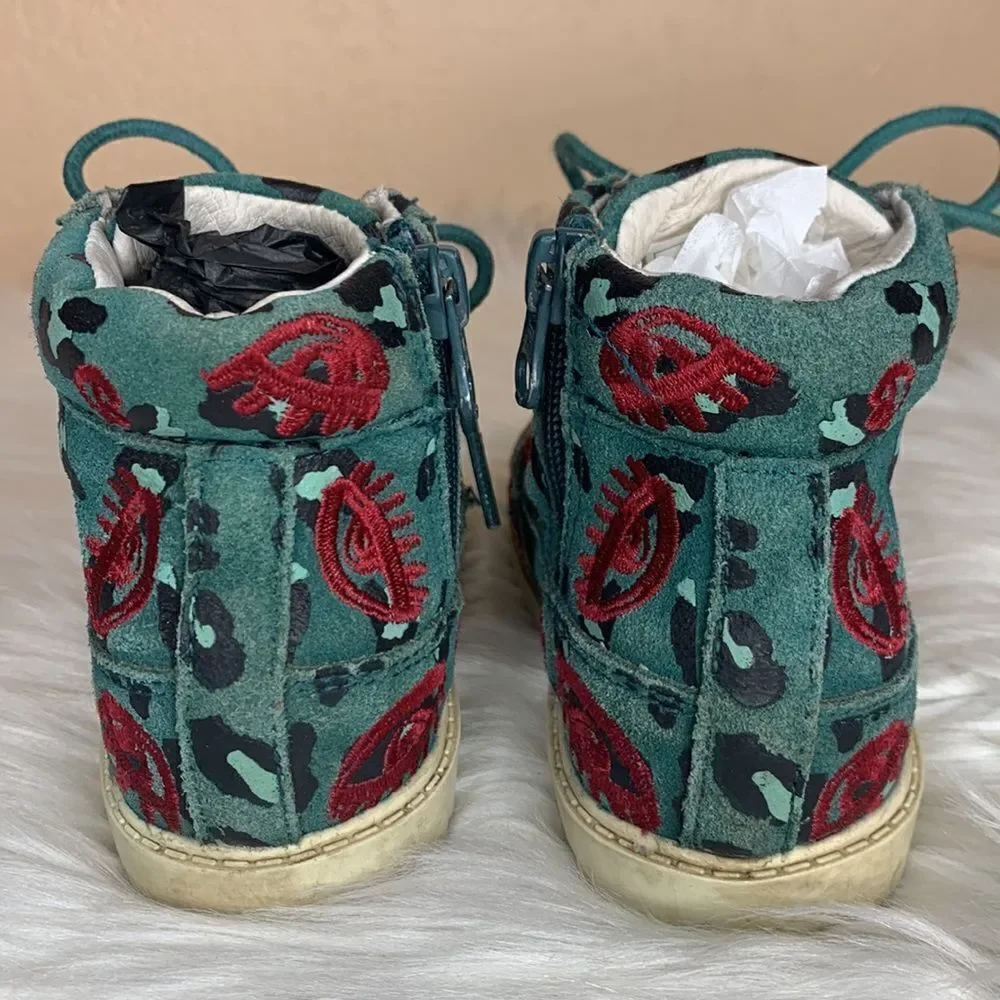 AKID Leather Embroidered Eye & Lips Boots Size 10C
